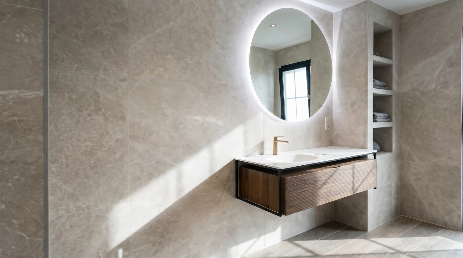 Salle de bain moderne spacieuse avec douche à l'italienne et baignoire encastrée